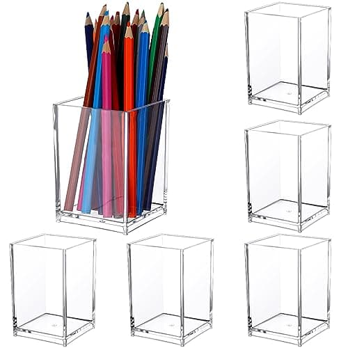 Image of 6 Pcs Acrylic Pen Pot - Square Acrylic Pencil Organizer, Transparent Pen Cup, Clear Makeup Brush Holder, Pencil Storage Basket for School, Home, Office Desk Accessory