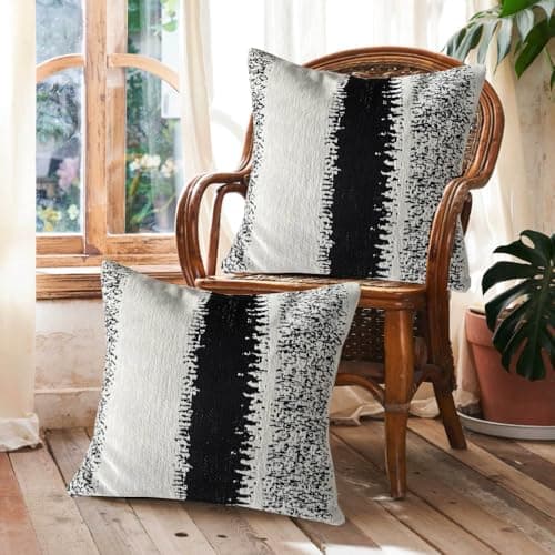 Image of Black Cushion Cover 55x 55cm Black and white Square Chenille stripes Throw Pillow Case Set Cushion Covers for Living Room Sofa Bed Bedroom Home Decor Garden Couch decoration pillowcase set of 2