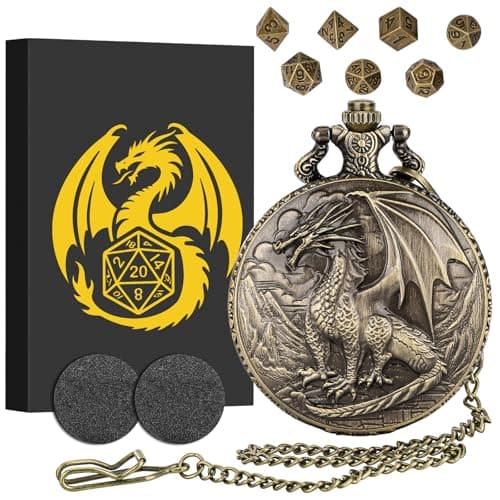 Image of Mini DND Dice Set with Steampunk Dragon Pocket Watch Shell Case, 7pcs Polyhedral Metal Dice Set, DND Starter Set, D&D Gifts with Gift Box, Role Playing Board Games Accessories, Bronze