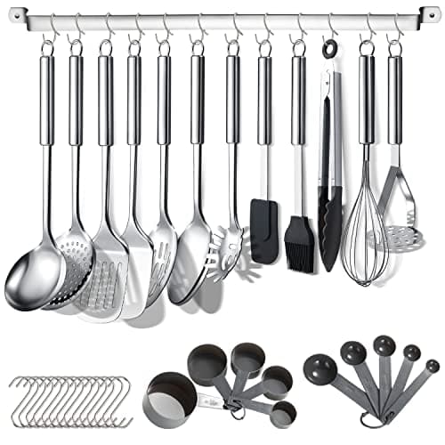 Image of Berglander Kitchen Utensils Set 38 Pieces, Stainless Steel Cooking Utensils Set, Kitchen Gadgets Cookware, Kitchen Tool Set with Utensil Holder Rack And Hooks For Hanging Dishwasher Safe