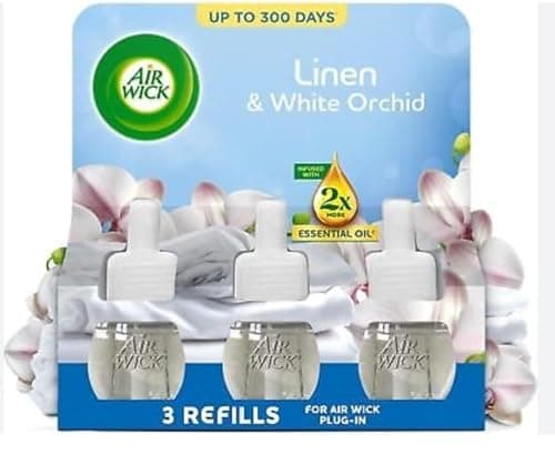 Image of Air Wick Plug in Diffuser Triple Refill, Linen and white orchid, Long Lasting Fragrance, Lasts up to 300 days, Plug in Air freshener, Pack 3 x19ml, Packaging May Vary