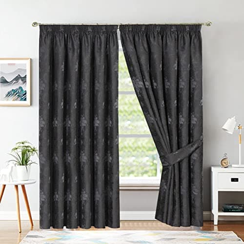 Image of Grey Jacquard Pencil Pleat Curtains 46 x 72 Inch - Luxury Fully Lined Window Curtains for Bedroom and Living Room - Decorative Virginia Drapes Set Of 2 Panels With Tie Backs