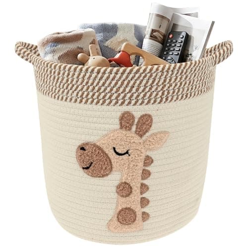 Image of Toy Storage Basket,Woven Cotton Rope Storage Baskets with Embroidery Decor for Kids,Laundry Blanket Basket Dirty Clothes Baskets with Handles for Living Room,Nursery,Kids Bedroom