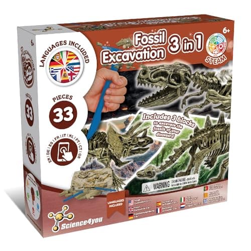 Image of Science4you Dinosaur Fossil Excavation 3 in 1 for Kids - Dinosaur Fossils Digging Kit, T-Rex & Triceratops & Stegosaurus - Assemble 3 Dinos, Archaeology Set, Educative Gift for Girls & Boys Age 5 6+