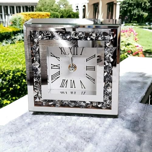 Image of SERENA'S ® Square Crushed Diamante Mantle Clock Glass Mirrored Desk Table Clock Elegant Roman Style Design Crystal Wall Mirror 15cm x15cm