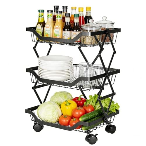 Image of GiHaood 3-Tier Rolling Vegetable Rack Pantry Cart with Wheels,Stackable Metal Fruit Bowl and Kitchen Pantry Organizers for Onion Potato Food Snack Vegetable