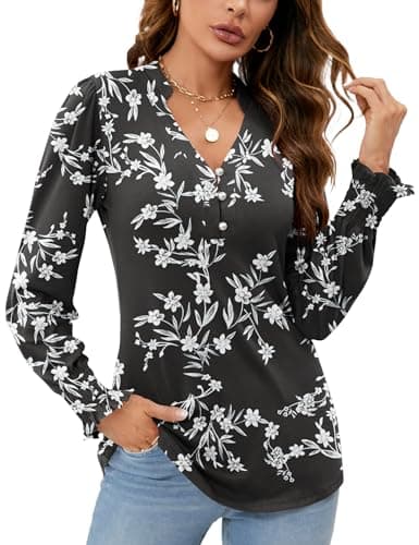 Image of Rapbin Women's Blouses & Shirts V Neck Puff Long Sleeve Tops Ladies Button Down T-Shirts Casual Ruffles Cuffs Sleeve Tunic Blouses Black White Floral XXL (UK 20-22)
