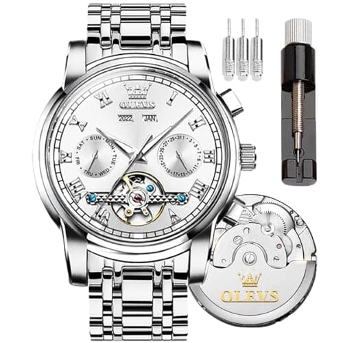 Image of OLEVS Automatic Mechanical Men Watch,Day-Date-Month-and-Year Automatic Watch Men,Fashion Stainless Steel Watch Green&Blue&Black Face