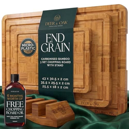 Image of Deer & Oak 3-Piece Carbonised End Grain Bamboo Chopping Board Set with Stand & Food Safe Mineral Oil Bundle – Pre-Oiled Butcher Block Boards - Wooden Serving Boards
