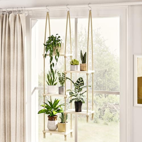Image of Bamworld Window Plant Shelves Hanging Shelves Window Plant Hanger Indoor Wood Plant Wall Shelf Window Sill Plant Shelf Indoor Hanging Plant Stand Living Room Decor Garden Boho Decor