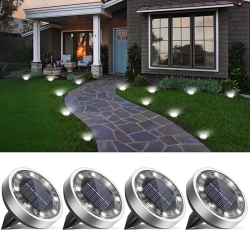 Image of vighep Solar Lights Outdoor Garden, 4 Pack Super Bright Led Solar Ground Lights, IP65 Waterproof Disk Light, Flat Pathway Lighting for Garden Lawn Patio Deck Walkway Landscape-Cold White