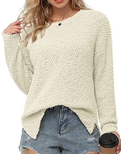 Image of GRECERELLE Womens Chunky Knit Jumper Sherpa Fleece Fuzzy Fluffy Sweatshirt Ladies Casual Crew Neck Tunic Sweaters Winter Autumn Spring Warm Soft Pullover Tops for Women (Beige, XL)