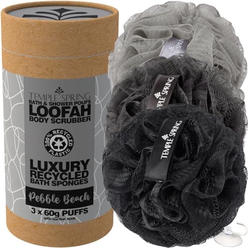 Image of Temple Spring Loofah Shower Sponge, Recycled Body Scrubber Scrunchies, Exfoliating Bath Sponge, Shower Puff Bath Sponges for Adults, Loofah Back Scrubber Pouffe, Loofa Body Scrub Exfoliator - Grey