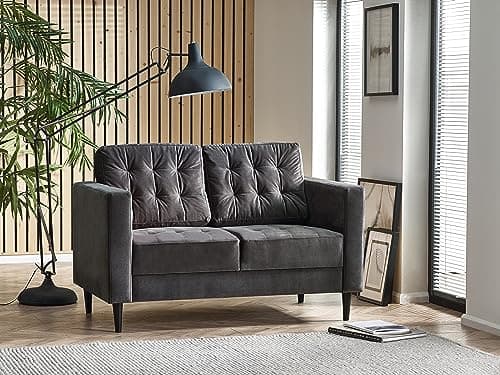 Image of Furniturebox UK Joni 2 Seater Dark Grey Velvet Sofa -Upholstered Modern Grey Fabric Sofa with Black Wooden Tapered Legs - Square Stitching - Stylish & Contemporary Living Room Furniture