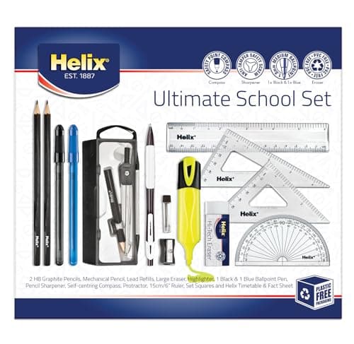 Image of Helix Ultimate Stationery Set – Complete School Supplies Kit with Highlighter, Pens, Pencils, Compass, Ruler, Pencil Sharpener, Eraser & Geometry Set – Back to School Exam & Revision Essentials