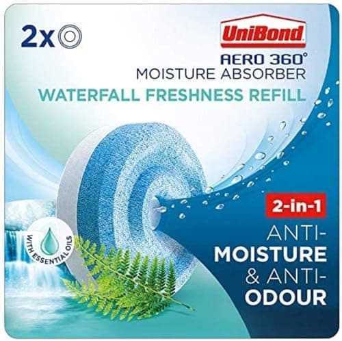 Image of UniBond AERO 360° Moisture Absorber Waterfall Freshness Refill Tab, Aromatherapy, Ultra-Absorbent and Odour-Neutralising, for AERO 360° Dehumidifier, Condensation Absorbers, Twin Pack (2 x 450g)