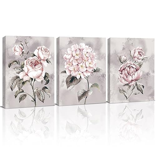 Image of KAIRNE 3er Grey Pink Wall Art,Rose Flowers Canvas Prints,Ready to Hang Pink Artwork Floral Painting(11.8”X15.6,Framed),Modern Romantic Poster for Women Girl Bedroom Bathroom Living Room Decor