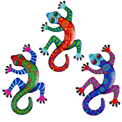 Image of OFFCUP Metal Gecko Wall Decor, 3pcs Garden Ornaments Wall Art Outdoor Garden Decorations Wall Fence Sculpture Hanging for Outdoor Backyard Porch Home Patio Lawn Fence Decorations Wall Sculptures