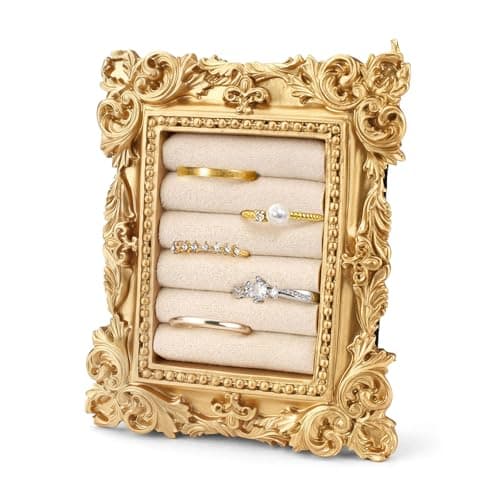 Image of Yitexin Resin Vintage Ring Holder Frame with Suede Interior, Rectangle Gold Ring Display Tray Stand, Jewelry Organizer Photograph Prop for Women Birthday Wedding Gifts (Beige)
