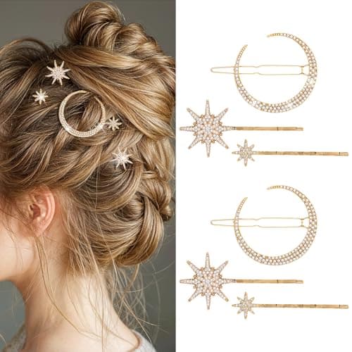 Image of AOZUO 6 Pcs Rhinestone Star Moon Hair Clips, Gold Hair Accessories, Vintage Hair Pin Metal Snowflake Diamond-studded Bobby Pins Bride Wedding Hairpins Side Clip for Women Girls(Gold)
