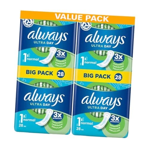 Image of Always Ultra Day Sanitary Pads Size 1 Normal - 56 Pads (2 Packs of 28) Big Pack for Reliable Daytime Protection and Comfort
