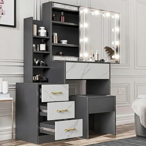 Image of Blisswood Dressing Table with Mirror and Stool, 4 Drawer 3 open Storage Shelves and 3 Hidden Shelves with LED Bulbs, Modern Makeup Table for Bedroom & Living Room (Marble White/Dark Grey)