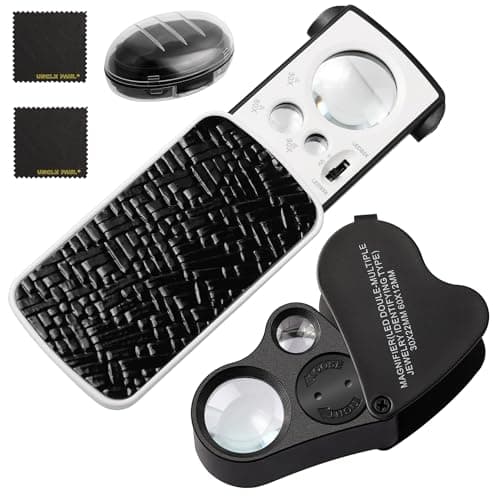 Image of 2 PCS Pocket Magnifier 30X 60X 90X with Illuminated LED UV Light - Black Portable Handheld Eye Loupe Lens Magnifying Glass for Jewelry Diamonds Gems Coins Stamps Rocks Plants Home Office OS19MX1