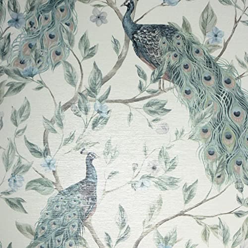 Image of Keeka Bird Navy Blue Wallpaper - Peacock Nature Floral Flowers Feathers Leaves - Modern Feature Wall Metallic Silver