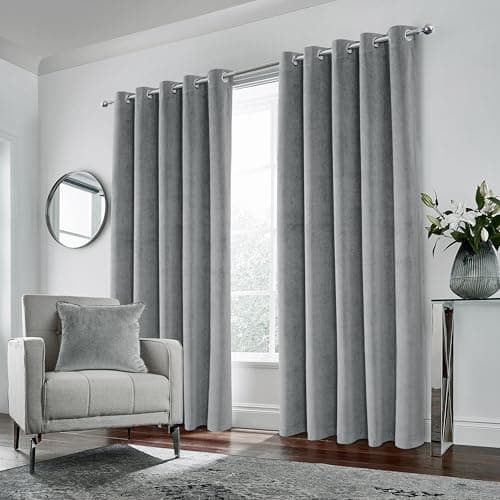 Image of Enhanced Living Hampton Premium Velvet Grey Blackout Curtains for Bedroom - 66x72 inch (168x183 cm) Supersoft Eyelet Curtains for Living Room - 2 x Curtain Panels