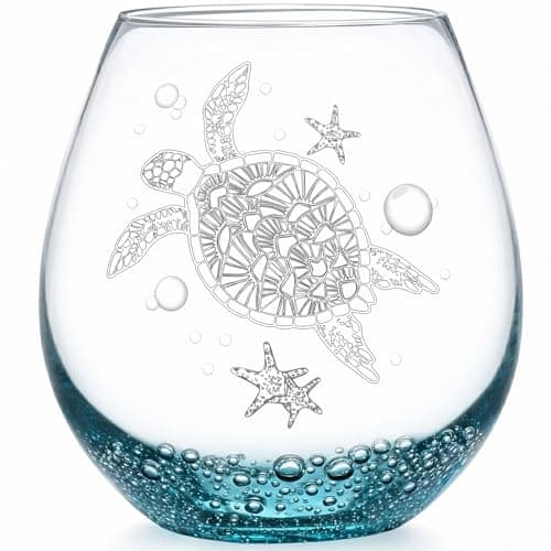 Image of Sea Turtle Stemless Wine Glass - 19oz Hand-blown Blue Bubble Base Glassware-Unique Birthday Gifts for Women & Turtle Lovers-Coastal Ocean Decor for Beach House & Parties-Gift Box Included(Bubbly Teal)