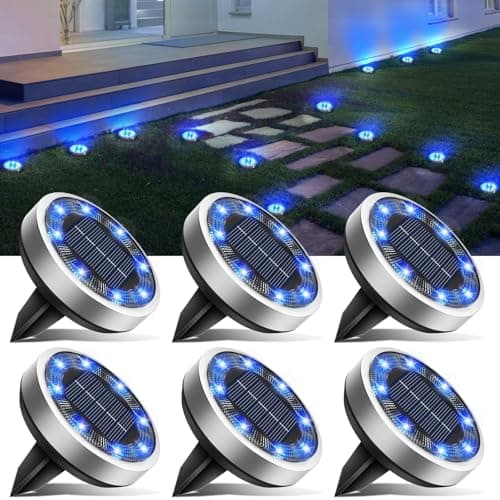 Image of btfarm Solar Lights Outdoor Garden, 6 Pack 8 LED Solar Ground Disk Lights Outdoor IP65 Waterproof for Garden Pathway Lawn Patio Yard Landscape (Blue)