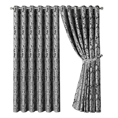 Image of OpulentDreams Jacquard Curtains - Heavy Ring Top Window Curtains for Bedroom & Living Room - Fully Lined - Includes Two Tie Backs - Pair of Panels (Dark Grey - Eyelet, 66" x 72" (167 x 183 cm))