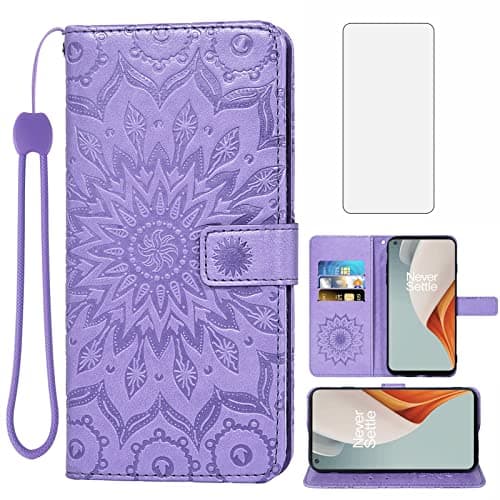 Image of Asuwish Phone Case for OnePlus Nord N100 Wallet with Tempered Glass Screen Protector Sunflower Leather Slim Flip Cover Card Holder Stand Cell One Plus N 100 4G 1 Plus 1plus One+ 1+ 100N Women Purple