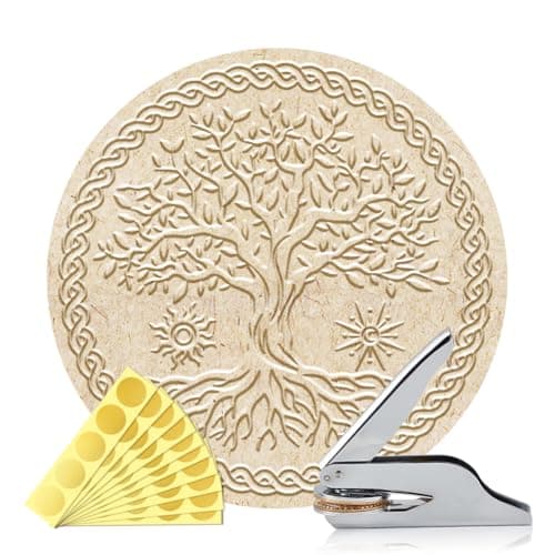 Image of ANATTASOUL Book Embosser Personalized Tree of Life Pattern Book Stamp, Durable Library Stamp with Handle Set for Paper, Books, Envelopes, Invitation, Certificate, Gifts(100Pcs Gold Foil Stickers)