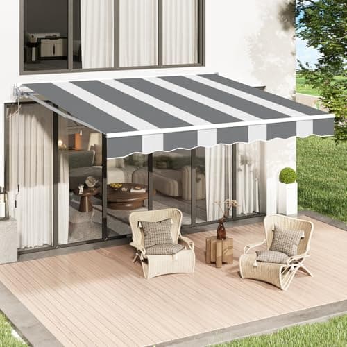 Image of YODOLLA 4x2.5m Retractable Manual Awning, Garden Sun Shade DIY Folding Awning with Hand Crank Patio Canopy, Anti-UV and Waterproof for Courtyard, Balcony, Restaurant, Grey-White