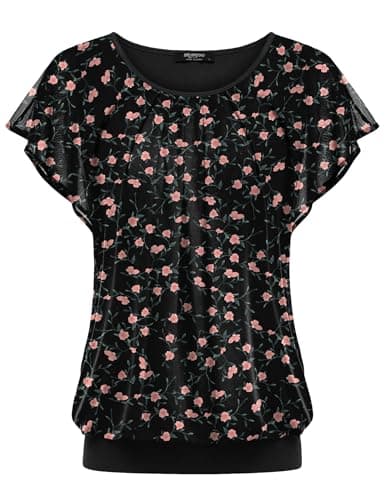 Image of Zeagoo Womens Summer Tops Ruffle Short Sleeve T-Shirt Flowy Loose Pleated Floral Mesh Shirts Double Layers Crew Neck Tunic Tops Floral Pink M