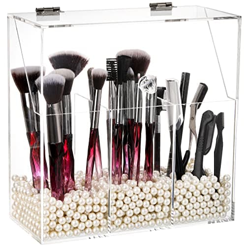 Image of Okllen 3-in-1 Makeup Brush Organizer, Premium Acrylic Dustproof Cosmetic Brush Container with White Pearls, Clear Cosmetic Brush Holder Case Cosmetic Storage for Vanity Table Storage, Bathroom
