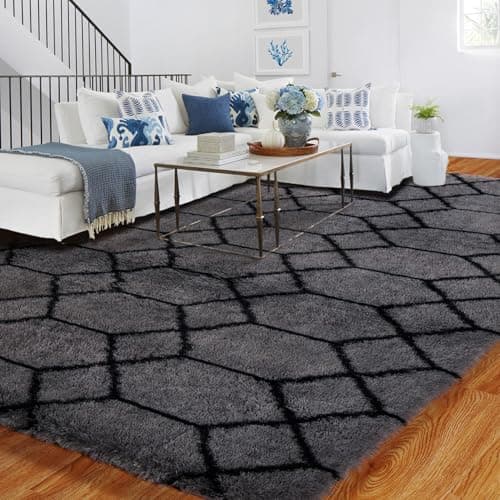 Image of Geometric Rug for Bedroom, 150x210cm Grey and White Rugs Living Room, Machine Washable Non-Shedding Non Slip Big Carpet, Thick Soft large rug, Geometric Rugs for Kids Room, Kitchen, Lounge, Office