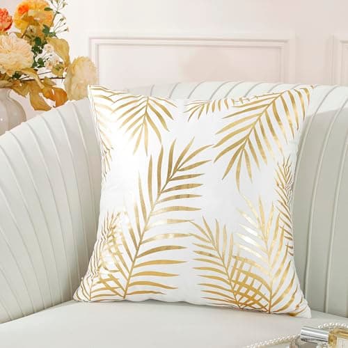 Image of TAOSON Pack of 2,Gold Pillow Covers Velvet Cozy Soft Gold Stamping Leaves Decorative Cozy Soft Throw Pillow Cases Cushion Covers Shells for Sofa Couch Bed Home Decoration 18 x 18 Inches White