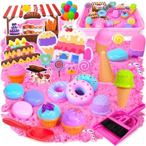 Image of Tcvents Play Sand Kit for Kids, Ice Cream Sensory Bin Sandbox, Creative Bake Shop Magic Sand for Girl, Cake Models, Cleaning Tools, Pretend Beach Sand Toys Gift for Toddler Ages 3-8