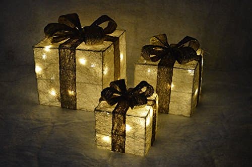 Image of Set Of 3 Premier LED Illuminated Coloured Christmas Parcels In Cream & Gold