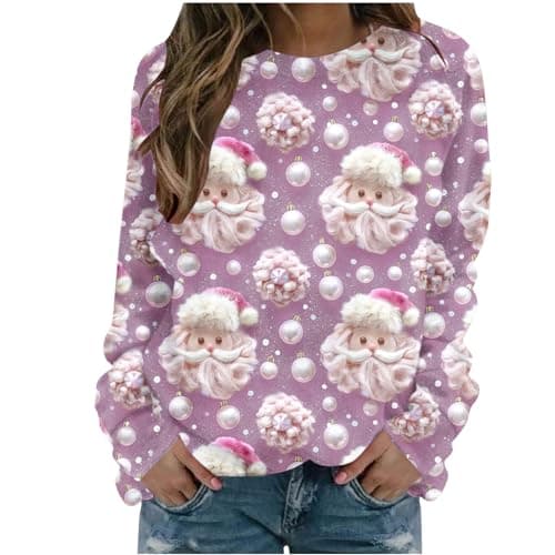 Image of Christmas Tshirt Long Sleeve Womens Sweatshirts UK 3D Print Xmas Jumpers for Women UK Crewneck Jumper Oversized Ladies Tops Ladies Blouses Women Pullover