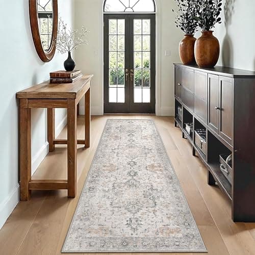 Image of GENIMO Washable Runner Rugs for Hallway 80x200cm, Non-Slip Carpet, Vintage Rug Bedside, Boho Rug Long Runner, Length Stair Mats, Entrance, Kitchen, Corridor, Beige Khaki
