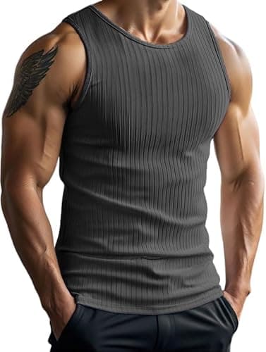 Image of PINSPARK Men's Tank Top Sleeveless T-Shirt Breathable Muscle Shirts Slimming Bodybuilding Vest Quick Dry Gym Fitness Tops Ribbed Vests Tight Undershirt Dark Grey L