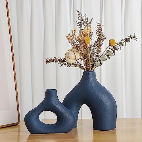 Image of CEMABT Blue Ceramic Vase Set of 2 for Modern Minimalist Bohemian Decor，Round Matte Donut Vases for Pampas Grass-Perfect for Living Room, Dining Table, Office Bedroom Shelf Decor Entryway, Console