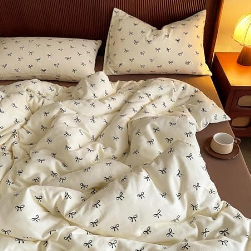 Image of Freyamy Beige Double Duvet Cover Set - 3pcs Aesthetic Black Bow Bedding Set, Lovely Girl Bedding Set Double Size 200x200 cm and 2 Pillowcases 50x75 cm