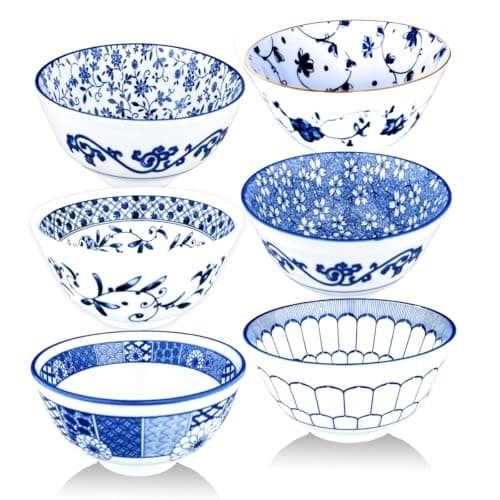 Image of Kithing Ceramic Rice Bowls,10 Ounces Small Salad,Soup, Ice Cream Snack Dip Bowl Set of 6,Blue and White ,Home Tableware (4.5in)