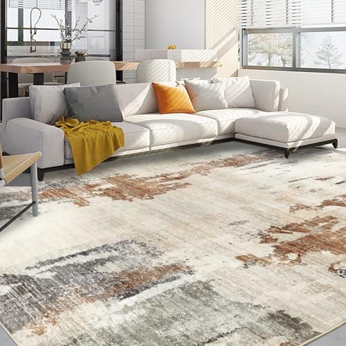 Image of Capslpad Modern Abstract Area Rug 240x340cm Washable Living Room Rug Non-slip Soft Carpet Short Pile Faux Wool Boho Art Floor Carpet for Living Room Bedroom Home Office Dining Room Decor,Beige&Brown