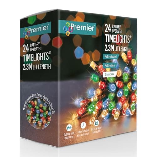 Image of Premier 24 Battery Operated Timelights, 2.3m Lit Length, Multi-Coloured LEDs, Green Cable, Multi-Action with Timer Function, Indoor and Outdoor Use
