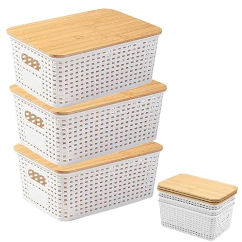 Image of Sightday 3Pack Storage Boxes With Bamboo Lid,5L Plastic Stackable Storage Boxes,Storage Baskets With Handles,Baskets With Lids For Kitchens,Bathrooms,Bedrooms,Balconies,Shelving Units(White)